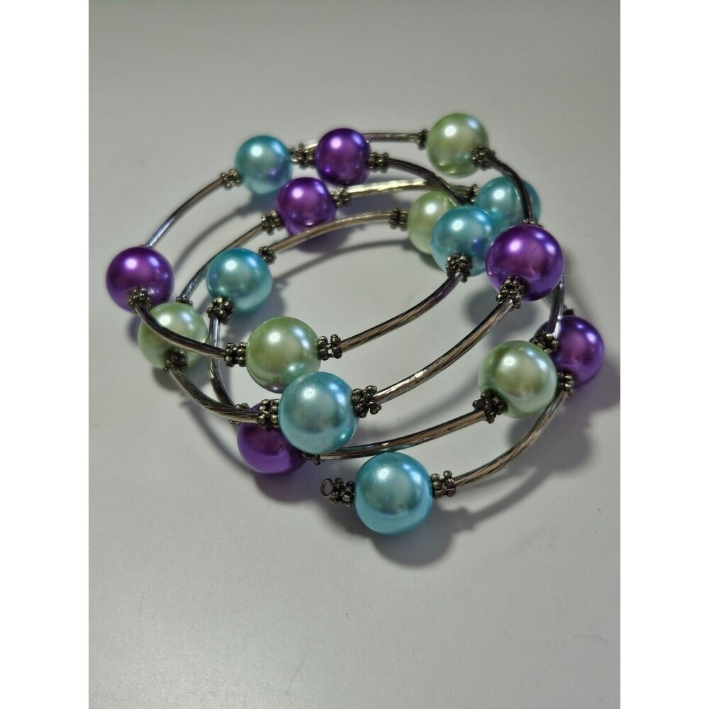 Pastel beaded wrap bracelet silver tone purple blue green